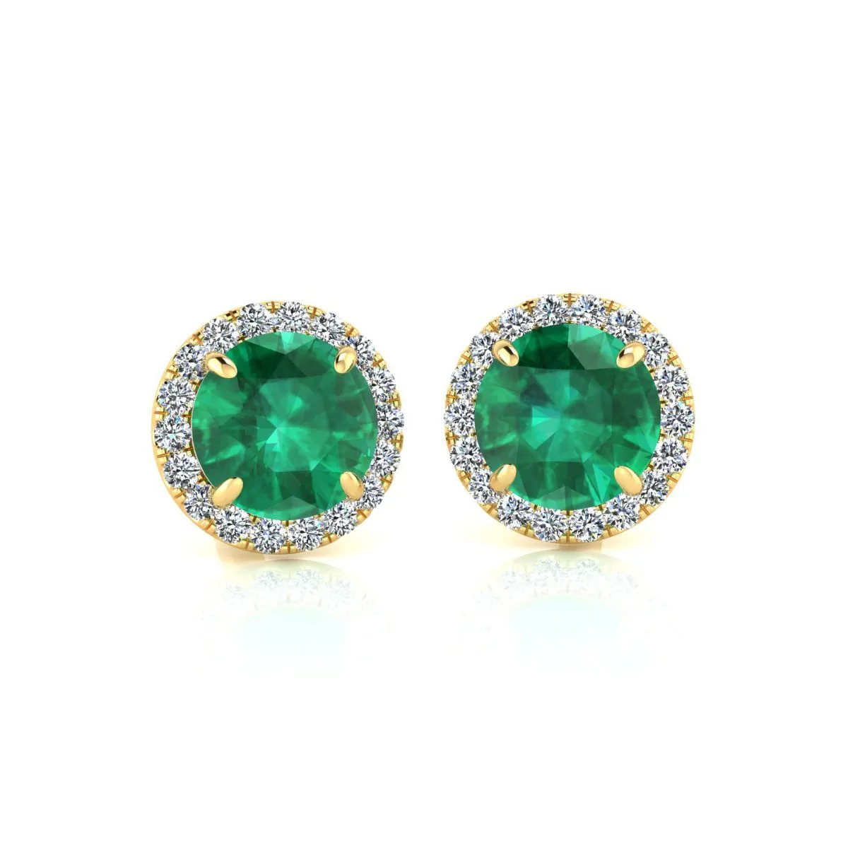 1 Carat Round Shape Emerald And Halo Diamond Earrings In 14 Karat Yellow Gold