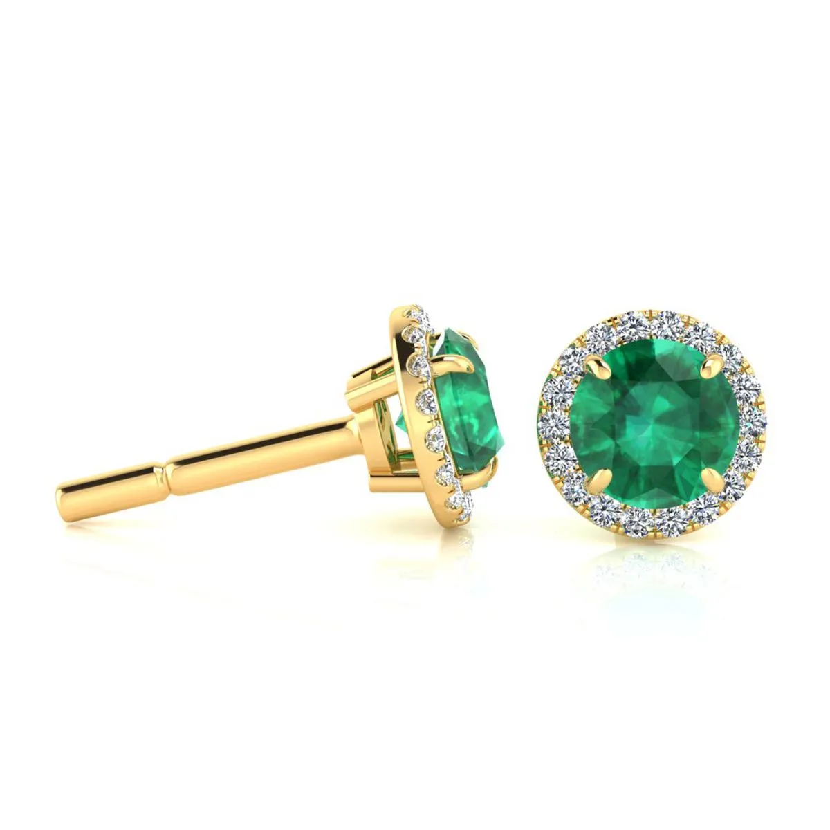 1 Carat Round Shape Emerald And Halo Diamond Earrings In 14 Karat Yellow Gold