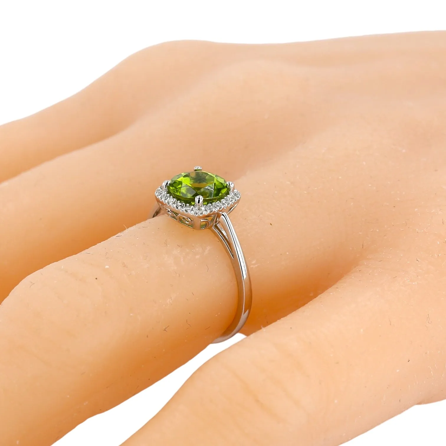 10K White gold halo green kiwi peridot diamond solitary ring-28129