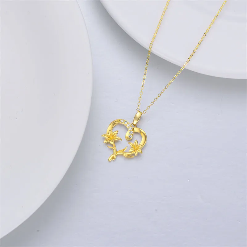 14k Gold Flower Necklace for Women, Flower Pendant Birth Flower Necklace Birthday Mothers Day Gift for Mother Wife Girlfriend 16 2 inch