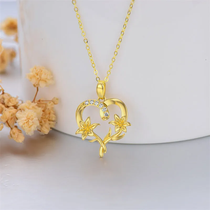 14k Gold Flower Necklace for Women, Flower Pendant Birth Flower Necklace Birthday Mothers Day Gift for Mother Wife Girlfriend 16 2 inch