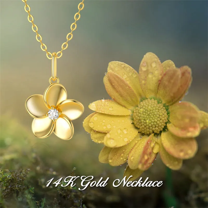 14K Solid Gold Diamond Flower Necklace , Natural Diamond Gold Hawaiian Plumeria Flower Pendant Necklace Anniversary Birhtday  Jewelry Gifts