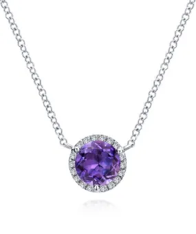 14K White Gold Round Amethyst and Diamond Halo Pendant Necklace