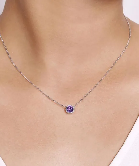 14K White Gold Round Amethyst and Diamond Halo Pendant Necklace