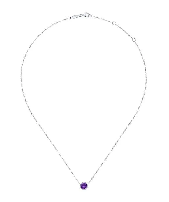 14K White Gold Round Amethyst and Diamond Halo Pendant Necklace