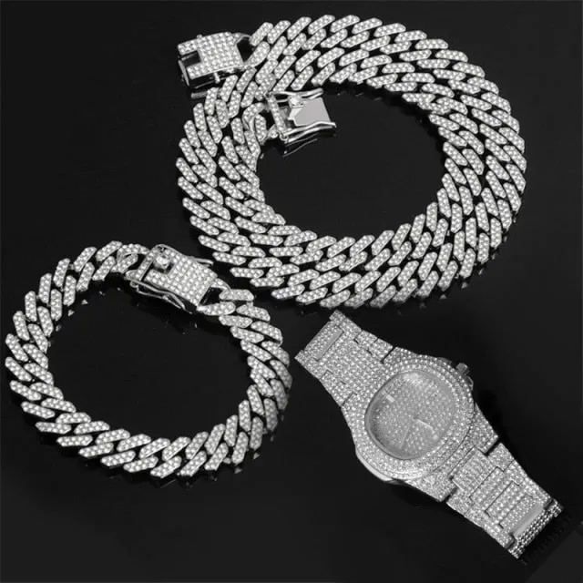 15MM Chain  Watch Bracelet Bling Iced Out Zircon  Pave Rhinestone Chains for Men