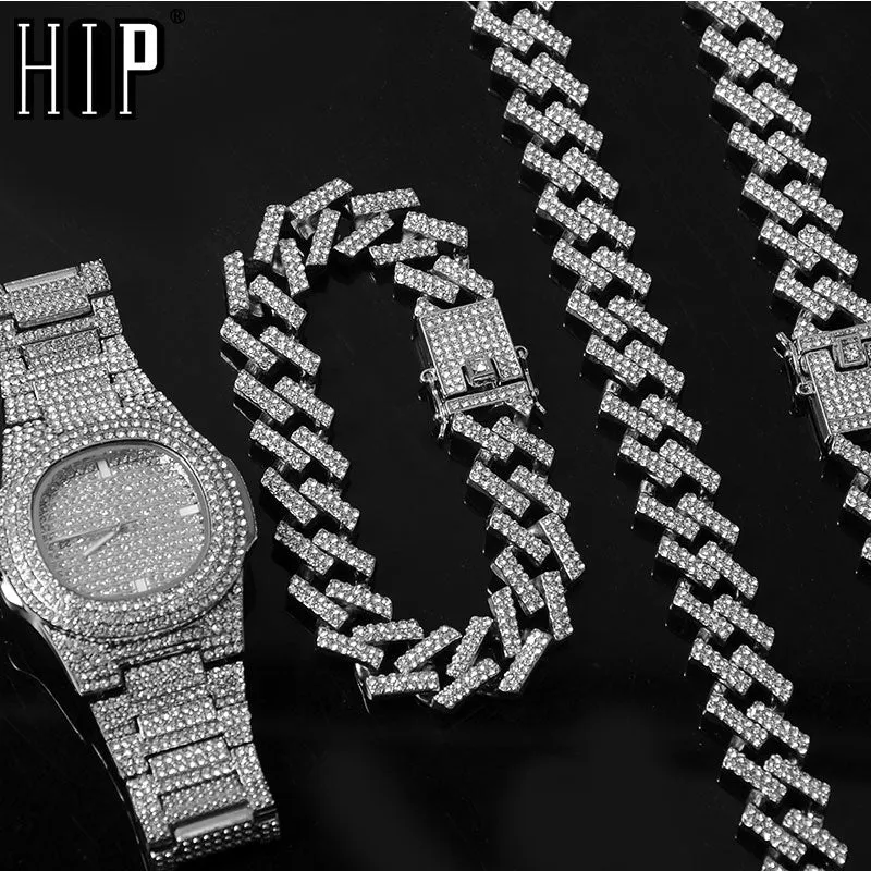 15MM Chain  Watch Bracelet Bling Iced Out Zircon  Pave Rhinestone Chains for Men