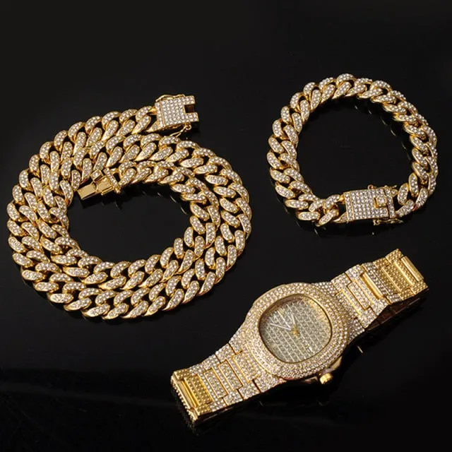 15MM Chain  Watch Bracelet Bling Iced Out Zircon  Pave Rhinestone Chains for Men