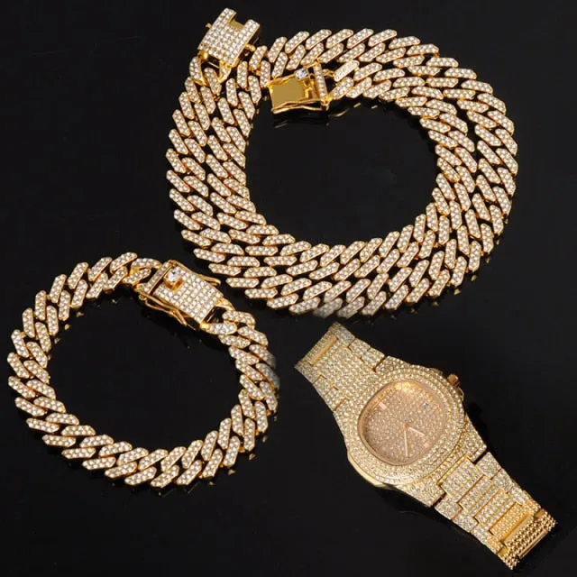 15MM Chain  Watch Bracelet Bling Iced Out Zircon  Pave Rhinestone Chains for Men