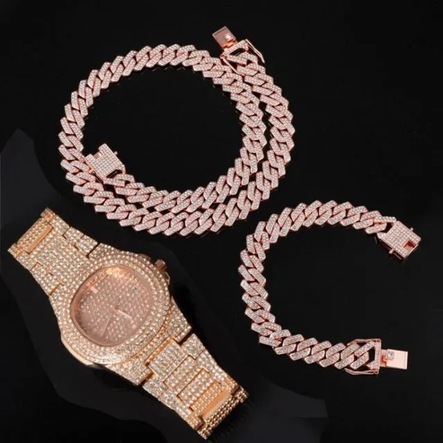 15MM Chain  Watch Bracelet Bling Iced Out Zircon  Pave Rhinestone Chains for Men