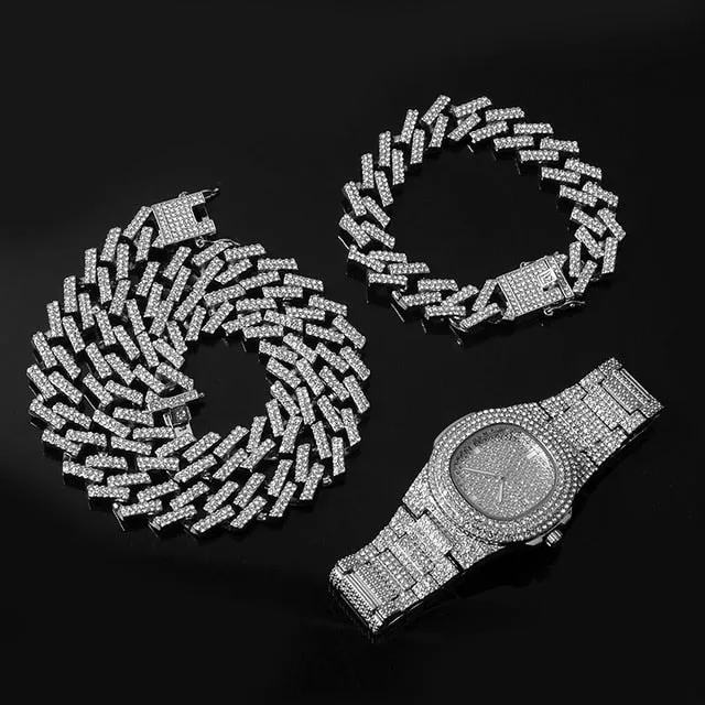 15MM Chain  Watch Bracelet Bling Iced Out Zircon  Pave Rhinestone Chains for Men