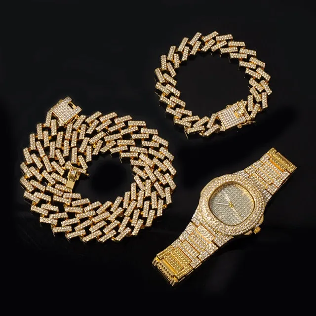 15MM Chain  Watch Bracelet Bling Iced Out Zircon  Pave Rhinestone Chains for Men