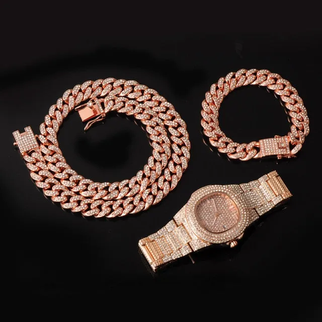 15MM Chain  Watch Bracelet Bling Iced Out Zircon  Pave Rhinestone Chains for Men