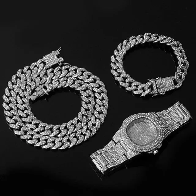 15MM Chain  Watch Bracelet Bling Iced Out Zircon  Pave Rhinestone Chains for Men