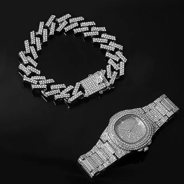 15MM Chain  Watch Bracelet Bling Iced Out Zircon  Pave Rhinestone Chains for Men