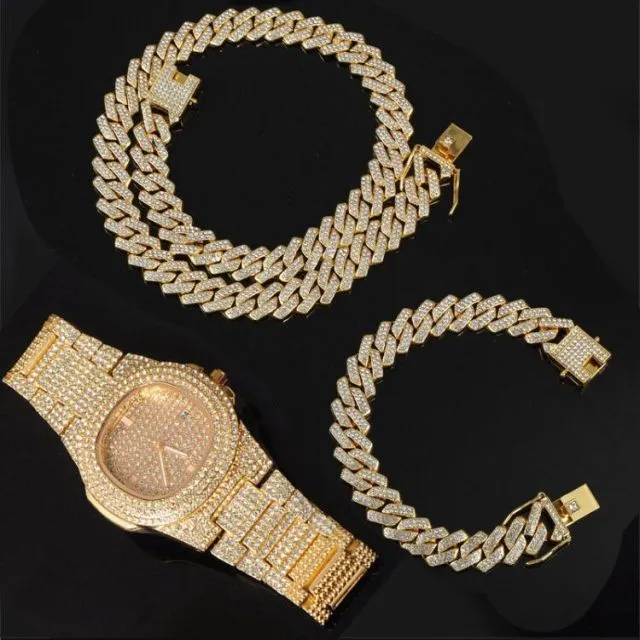 15MM Chain  Watch Bracelet Bling Iced Out Zircon  Pave Rhinestone Chains for Men