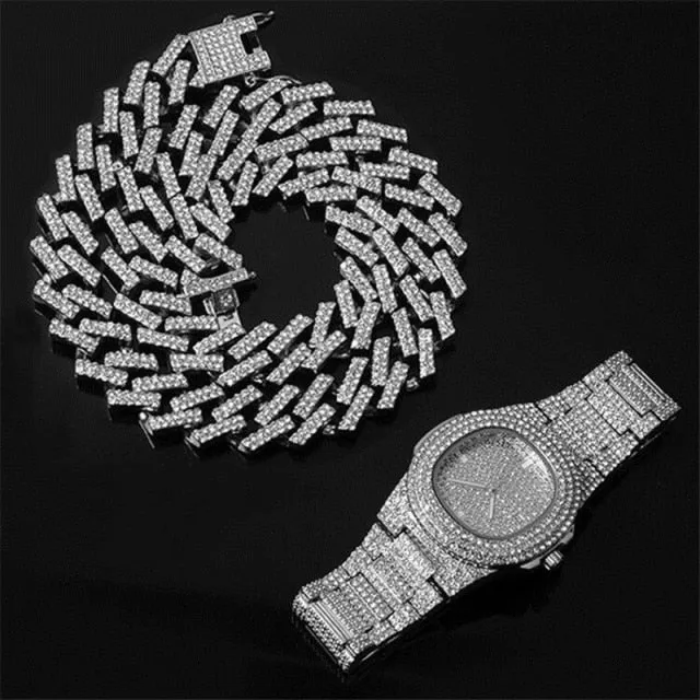 15MM Chain  Watch Bracelet Bling Iced Out Zircon  Pave Rhinestone Chains for Men