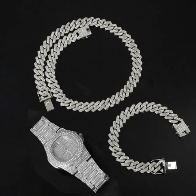 15MM Chain  Watch Bracelet Bling Iced Out Zircon  Pave Rhinestone Chains for Men