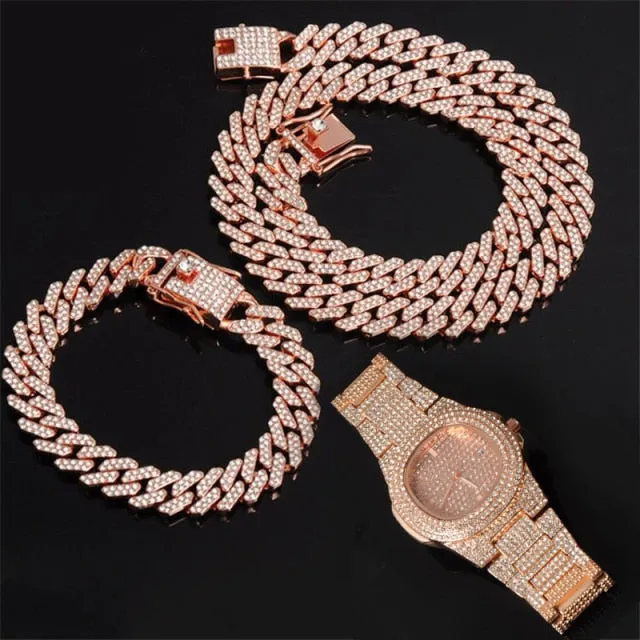 15MM Chain  Watch Bracelet Bling Iced Out Zircon  Pave Rhinestone Chains for Men