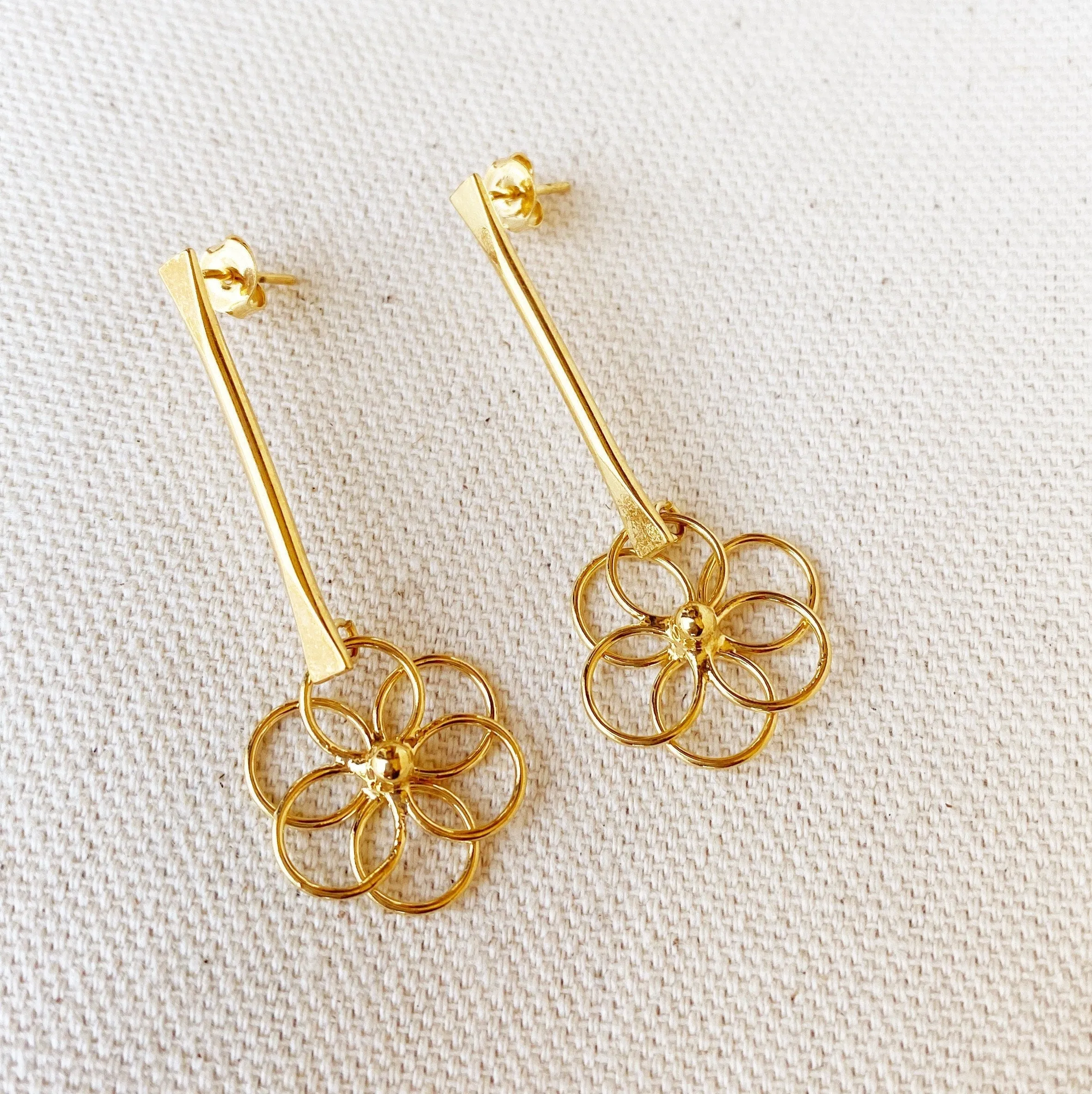 18k Gold Filled Dangling Bar Flower Earrings