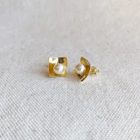 18k Gold Filled Pearl Stud Earrings In A Square Plate