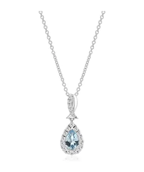 18K White Gold Aquamarine and Diamond Halo Pendant