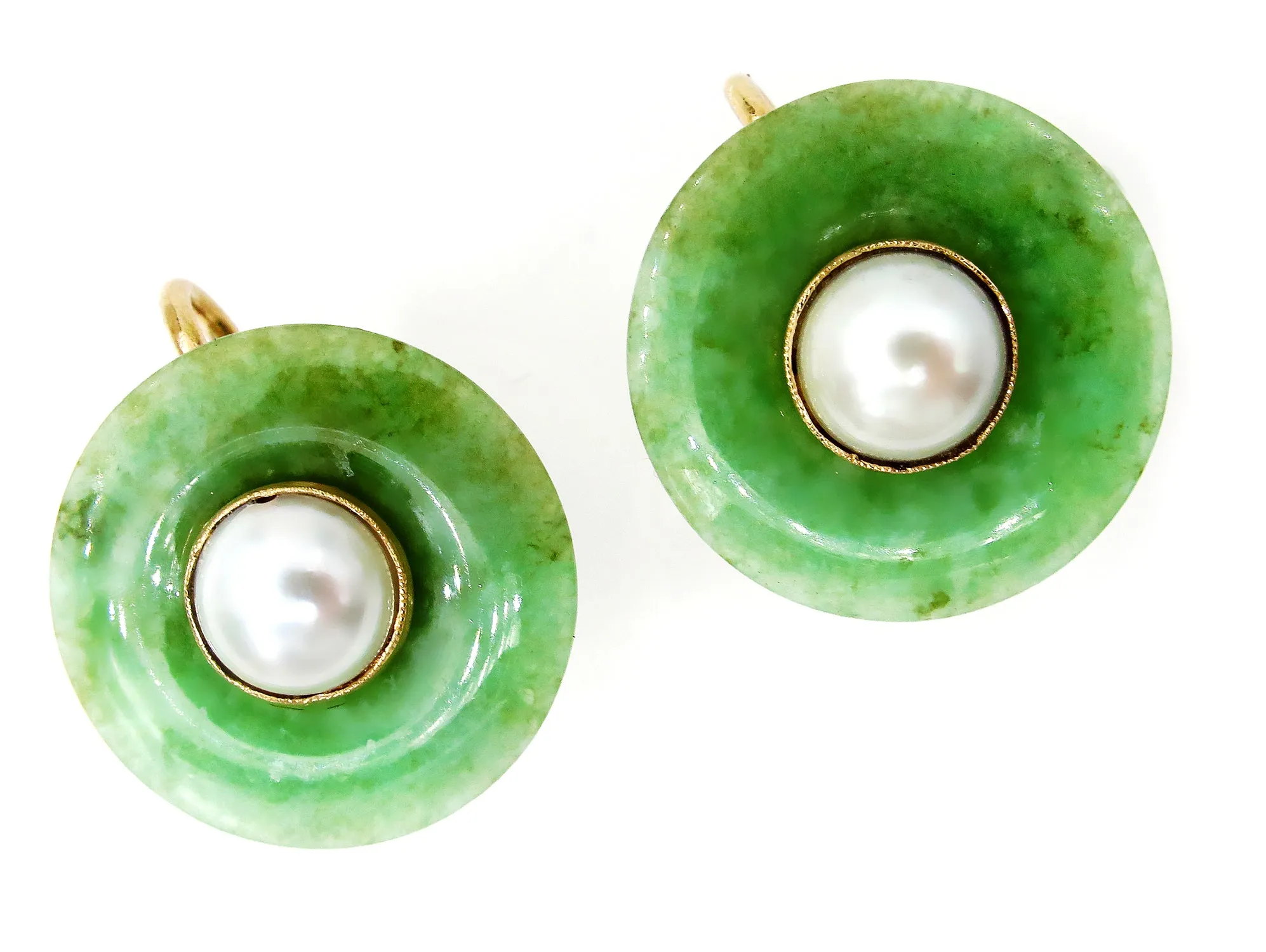 1930 Antique Vintage Jade and Pearl 14k Yellow Gold Stud Earrings Screw on Clip