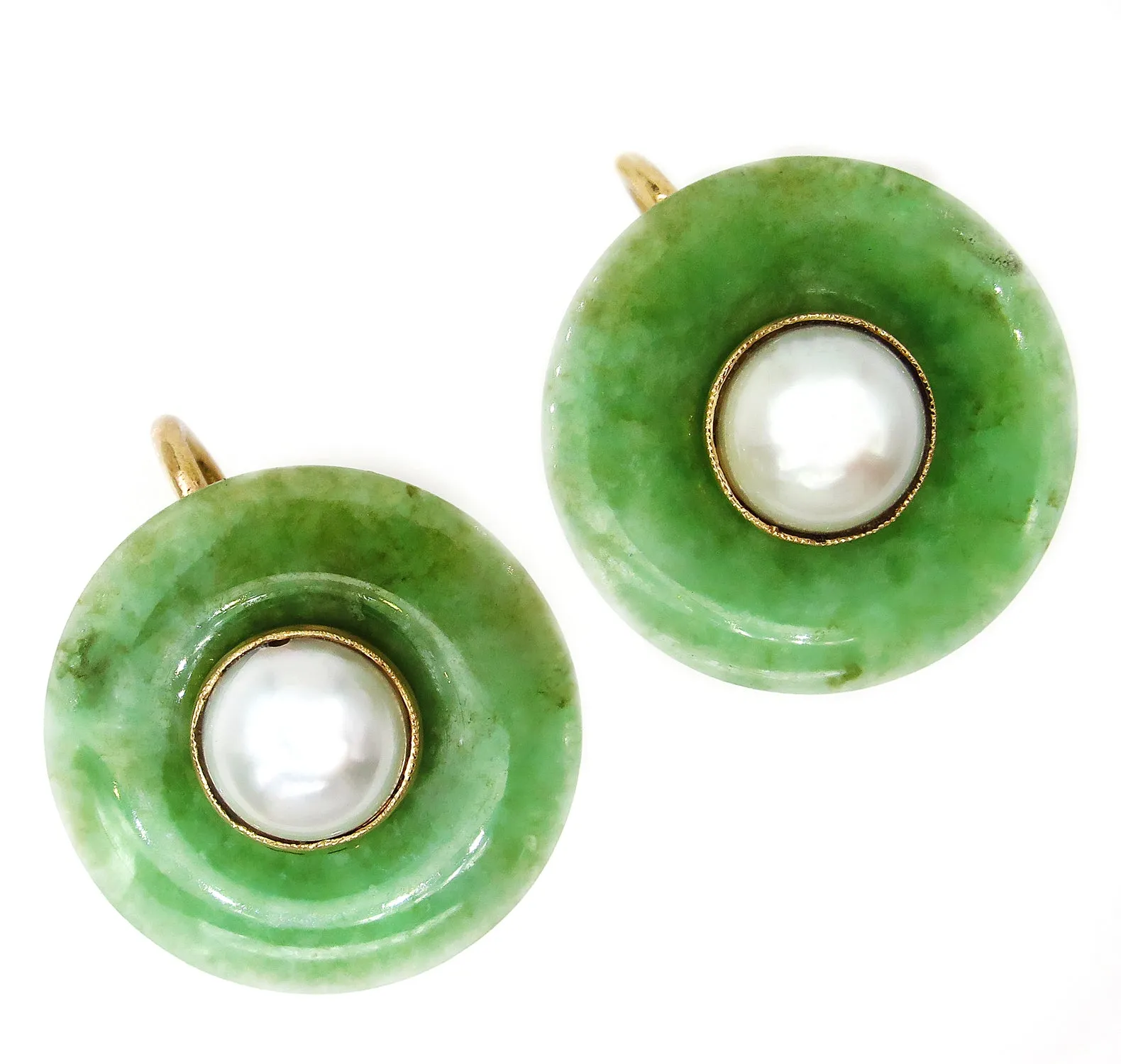 1930 Antique Vintage Jade and Pearl 14k Yellow Gold Stud Earrings Screw on Clip