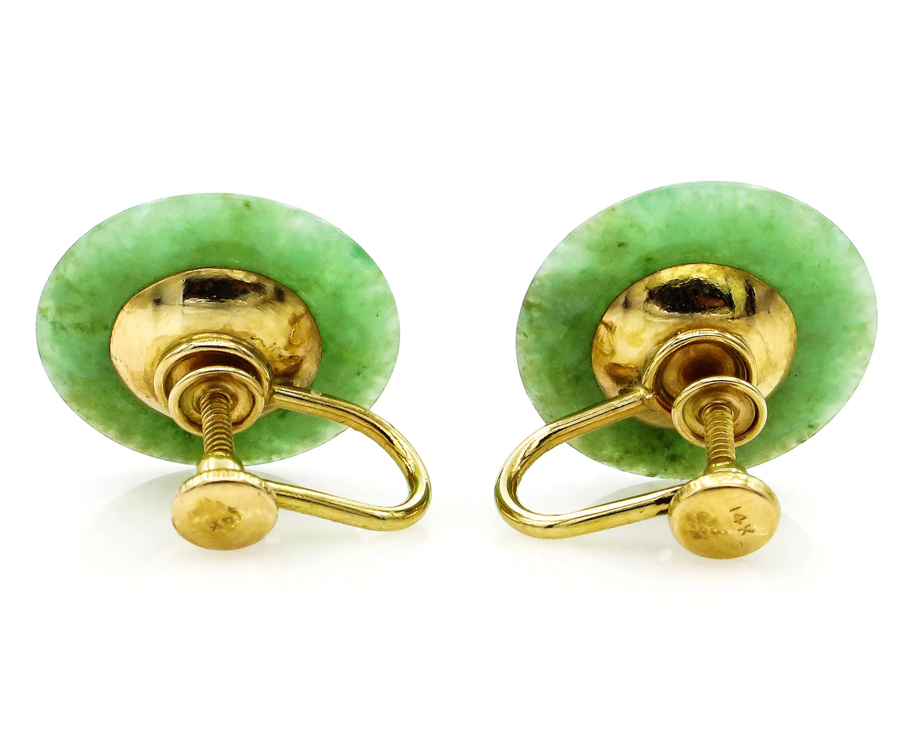 1930 Antique Vintage Jade and Pearl 14k Yellow Gold Stud Earrings Screw on Clip