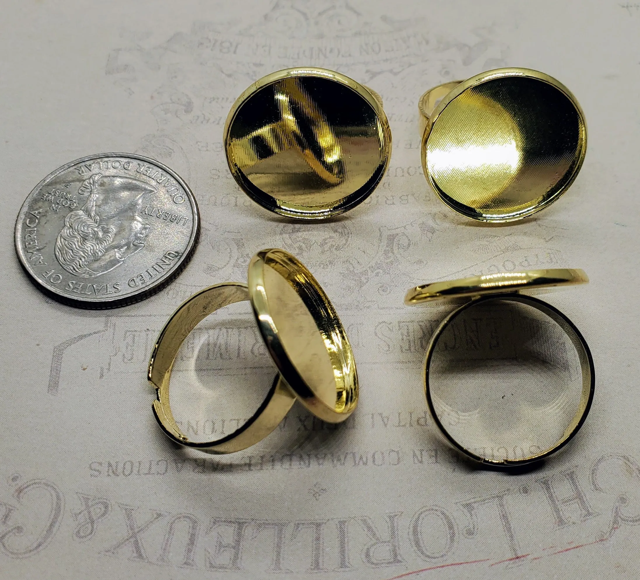 20mm Gold Plated Adjustable Ring Blank Settings (4) - L1057