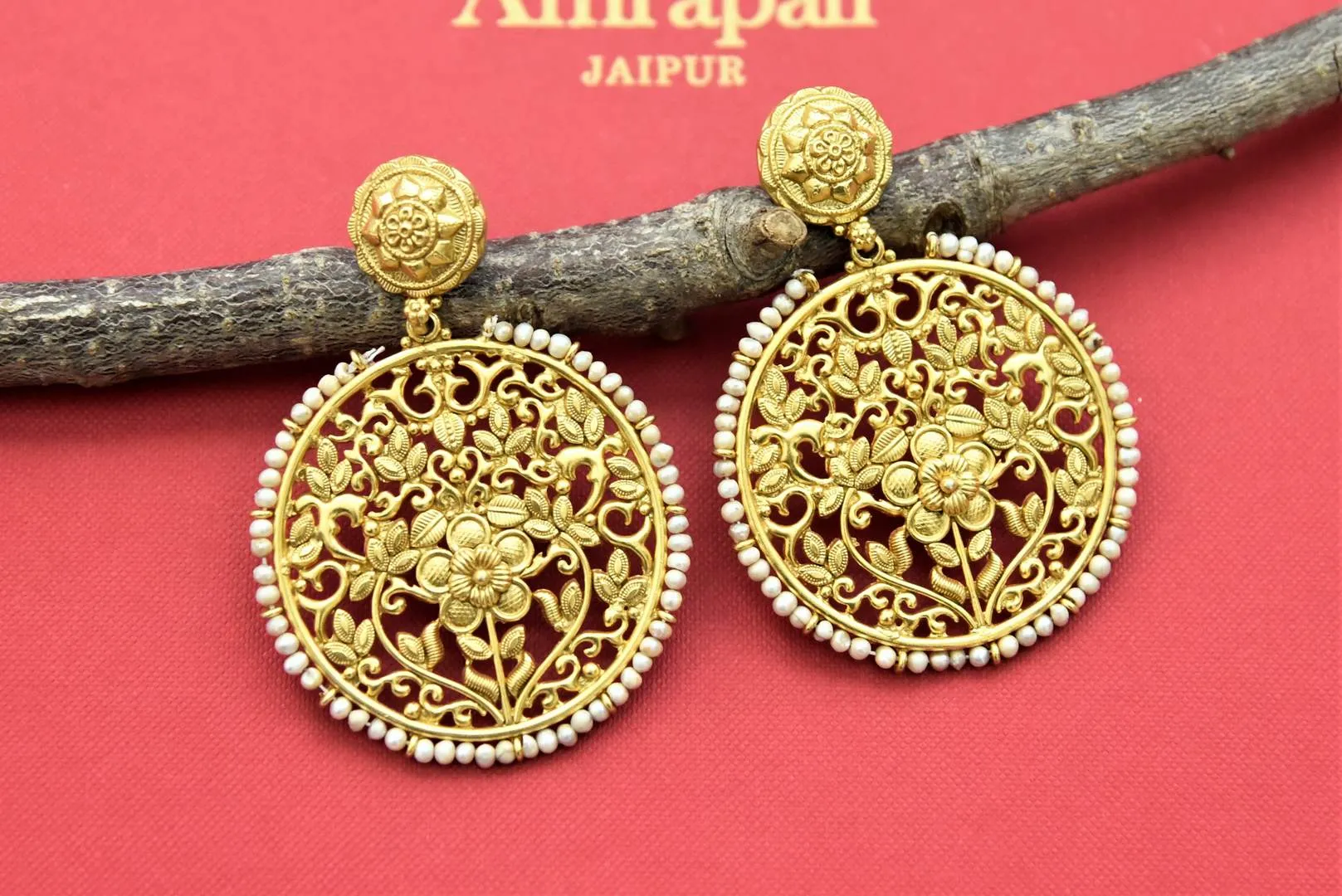 21A030 Gold Plated Floral Jaal Drop Earrings