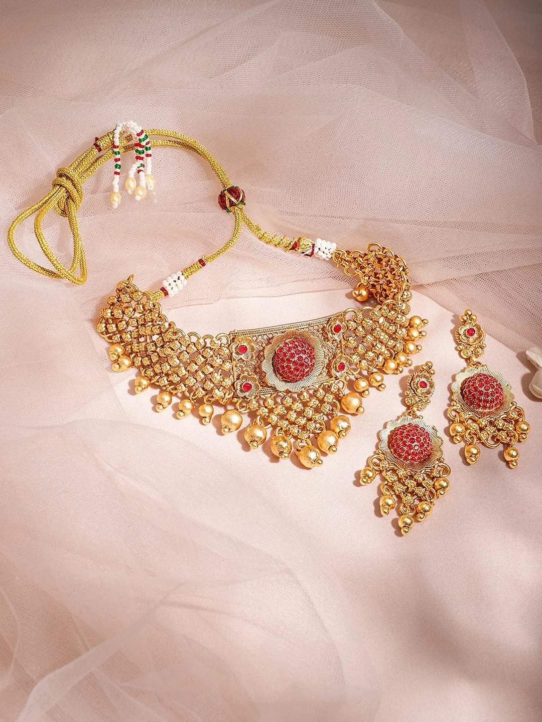 22K Gold Plated Ruby Stone Studded with Gold Beads Choker Set