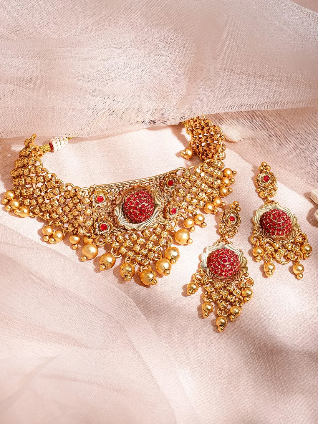 22K Gold Plated Ruby Stone Studded with Gold Beads Choker Set