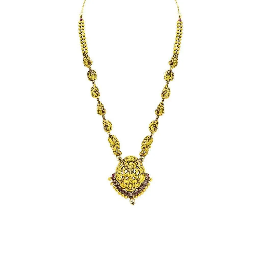 22K Yellow Gold Antique Temple Necklace W/ Rubies, Pearl & Paisley Carved Accent Chain