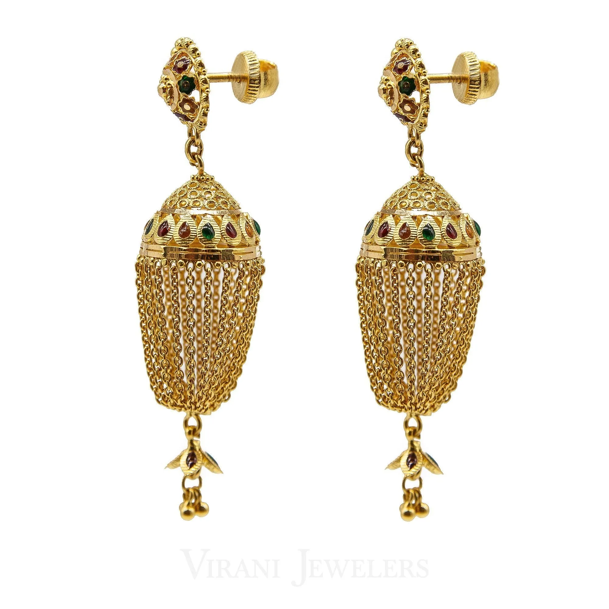 22K Yellow Gold Jhumki Drop Earrings W/ Hanging Link Tassels