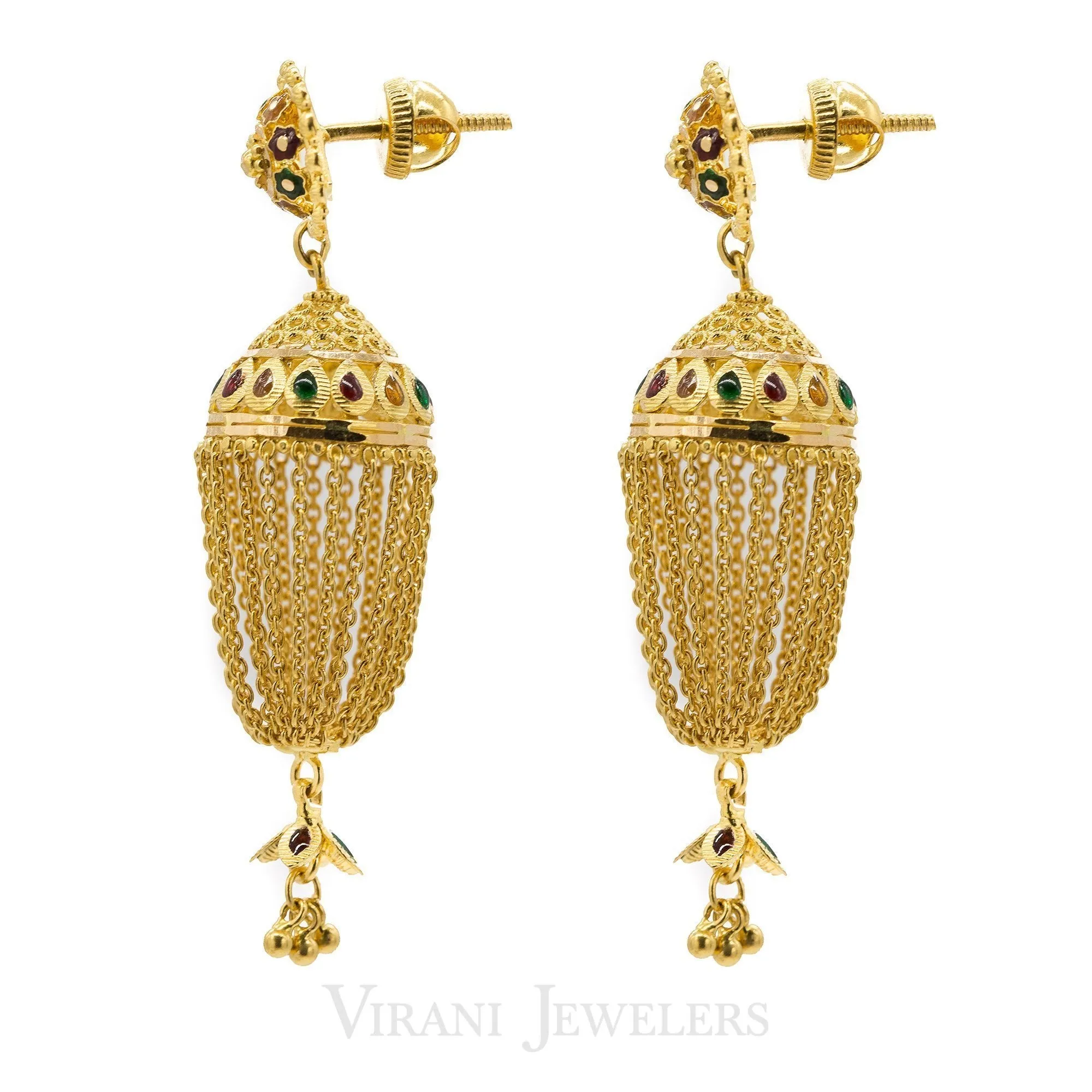 22K Yellow Gold Jhumki Drop Earrings W/ Hanging Link Tassels