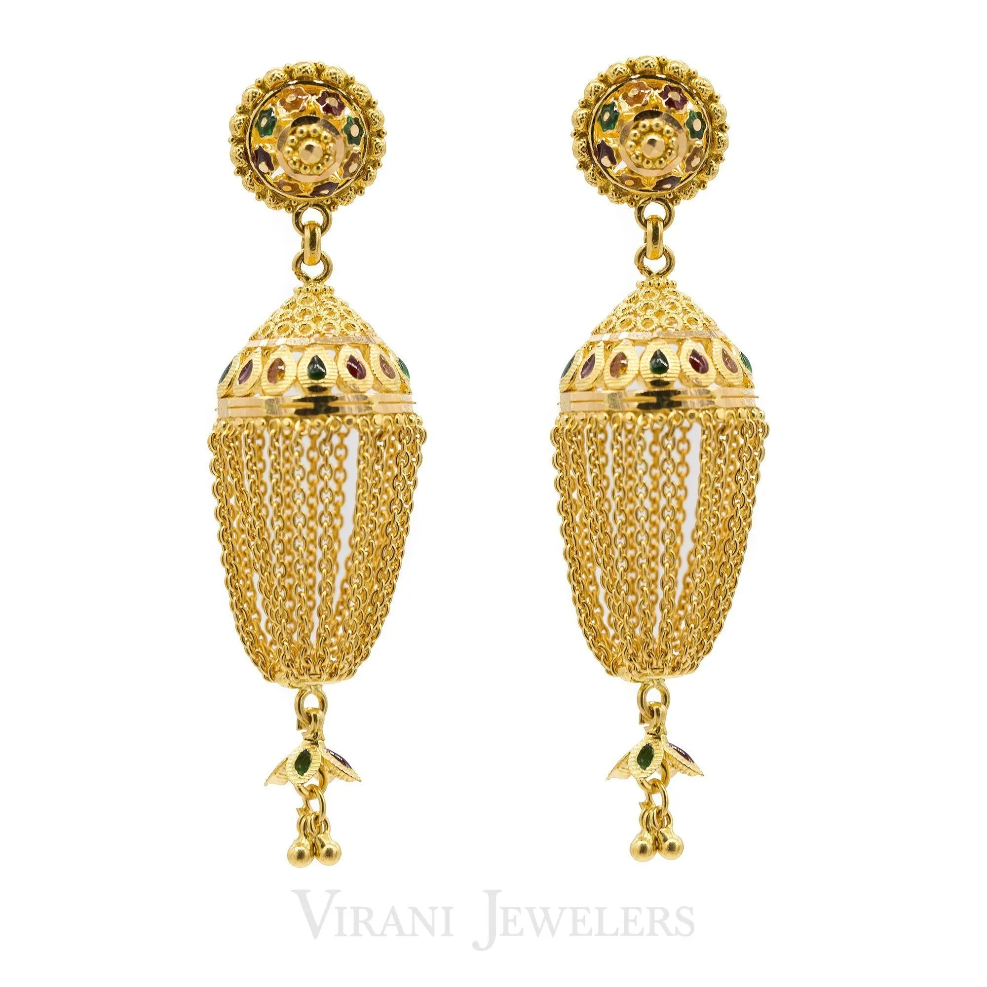 22K Yellow Gold Jhumki Drop Earrings W/ Hanging Link Tassels