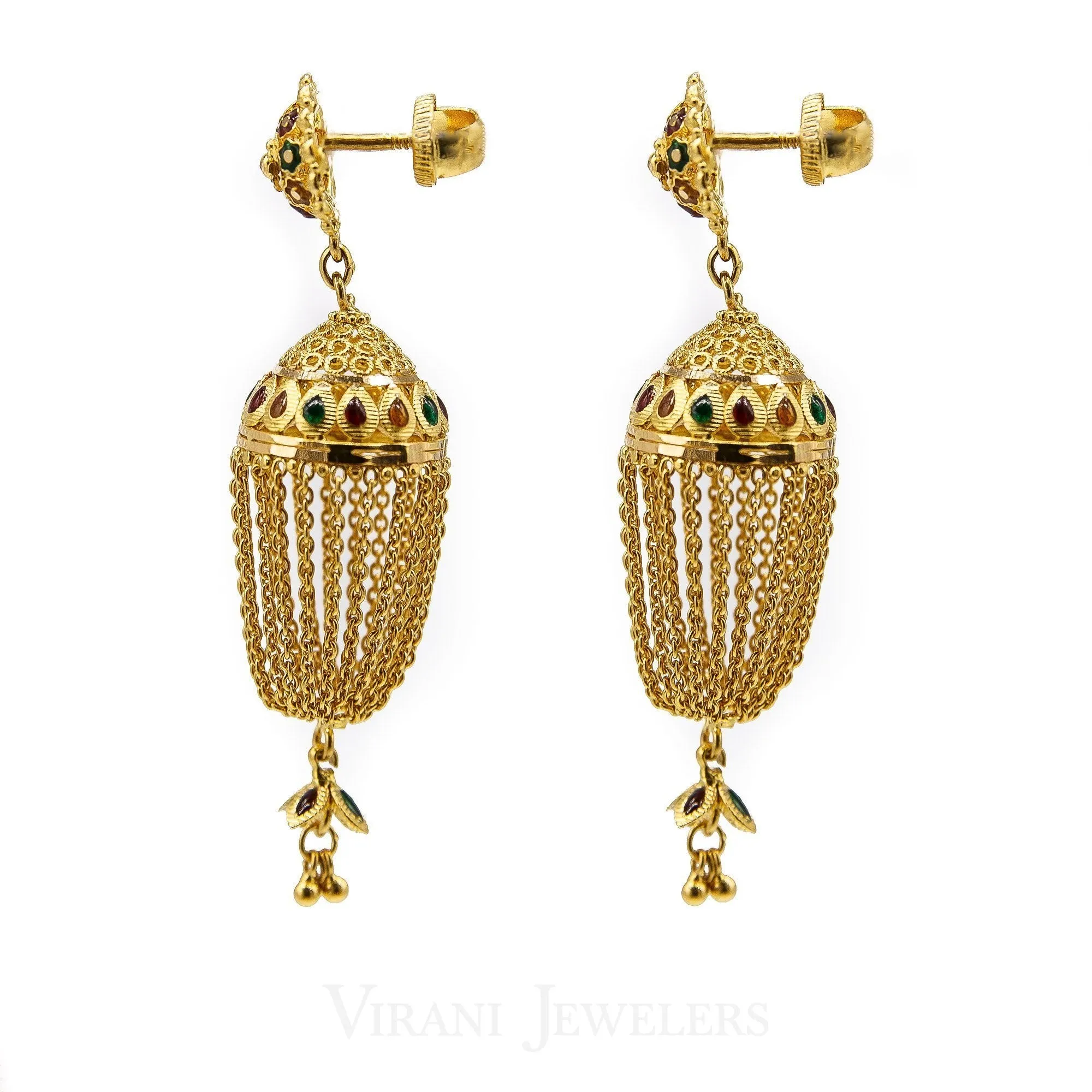 22K Yellow Gold Jhumki Drop Earrings W/ Hanging Link Tassels