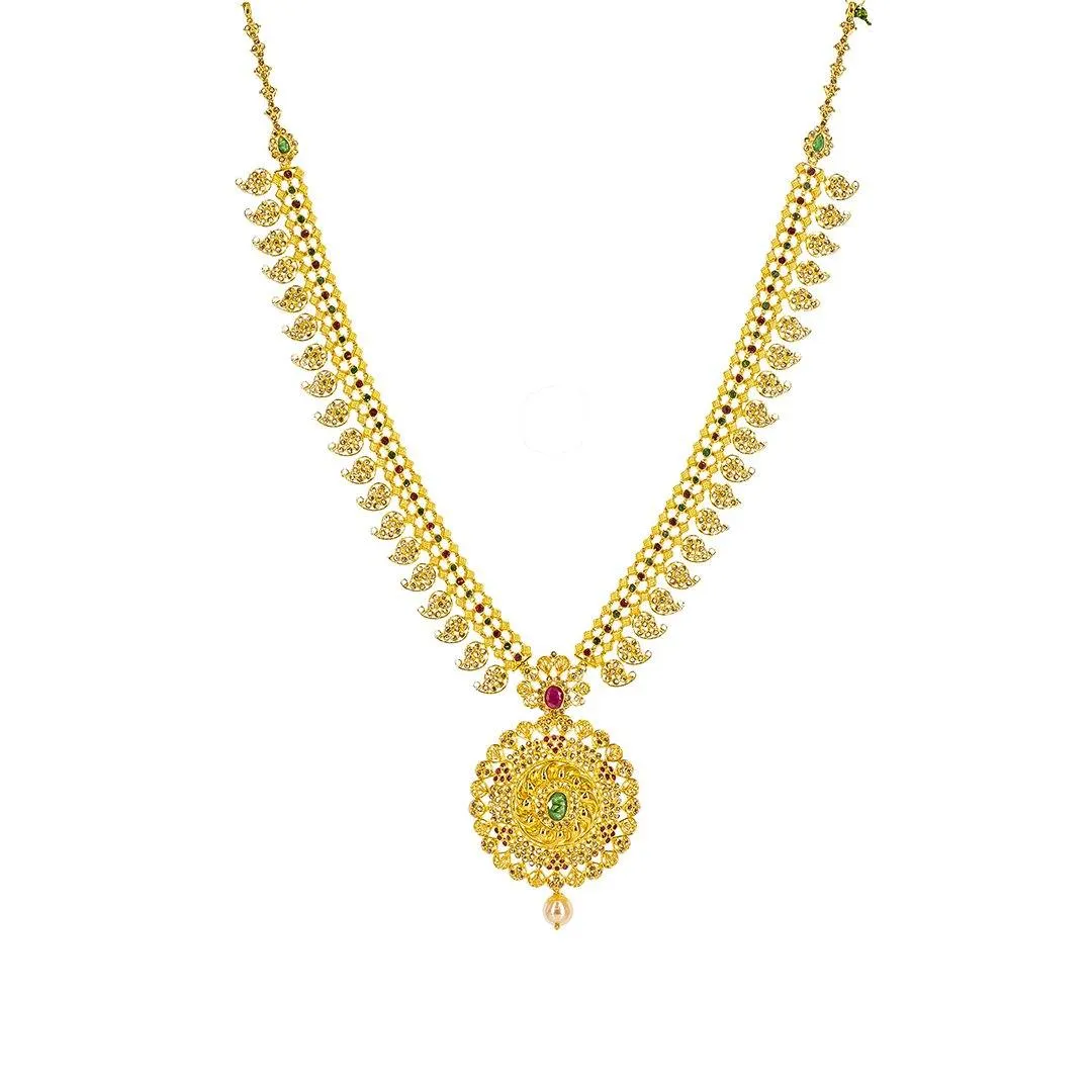 22K Yellow Gold Uncut Diamond Mango Necklace W/ 9.59ct Uncut Diamonds, Emeralds, Rubies & Drop Pearl