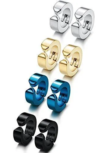 3-4 Pairs Stainless Steel Men Women Clip On Earrings Hoop Huggie Non-Piercing