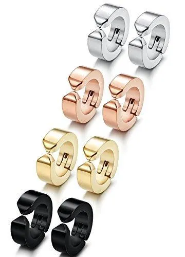 3-4 Pairs Stainless Steel Men Women Clip On Earrings Hoop Huggie Non-Piercing