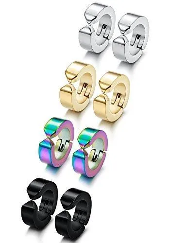 3-4 Pairs Stainless Steel Men Women Clip On Earrings Hoop Huggie Non-Piercing