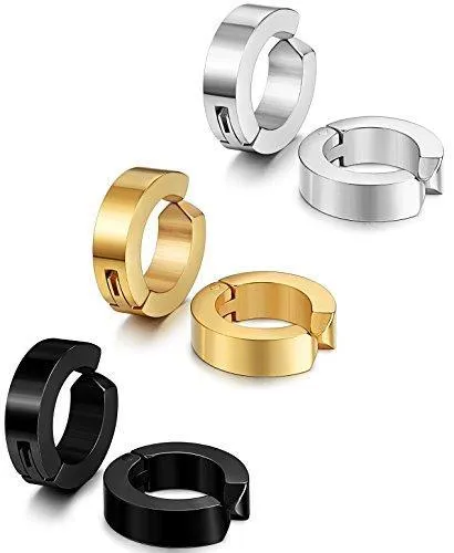 3-4 Pairs Stainless Steel Men Women Clip On Earrings Hoop Huggie Non-Piercing