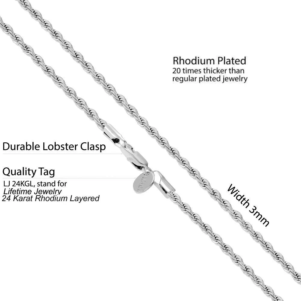 3mm Rope Chain, Rhodium