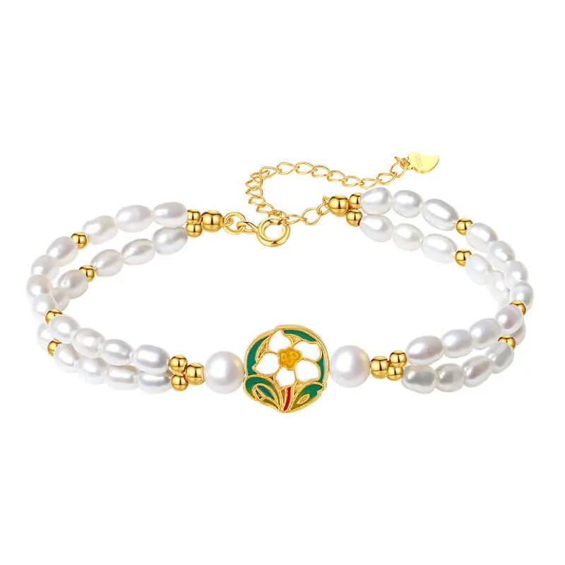 925 Silver Enamel Camellia Freshwater Pearl Bracelet