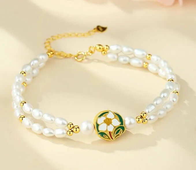 925 Silver Enamel Camellia Freshwater Pearl Bracelet