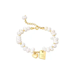 925 Silver Freshwater Pearl Lucky Plate Gold Love Bracelet