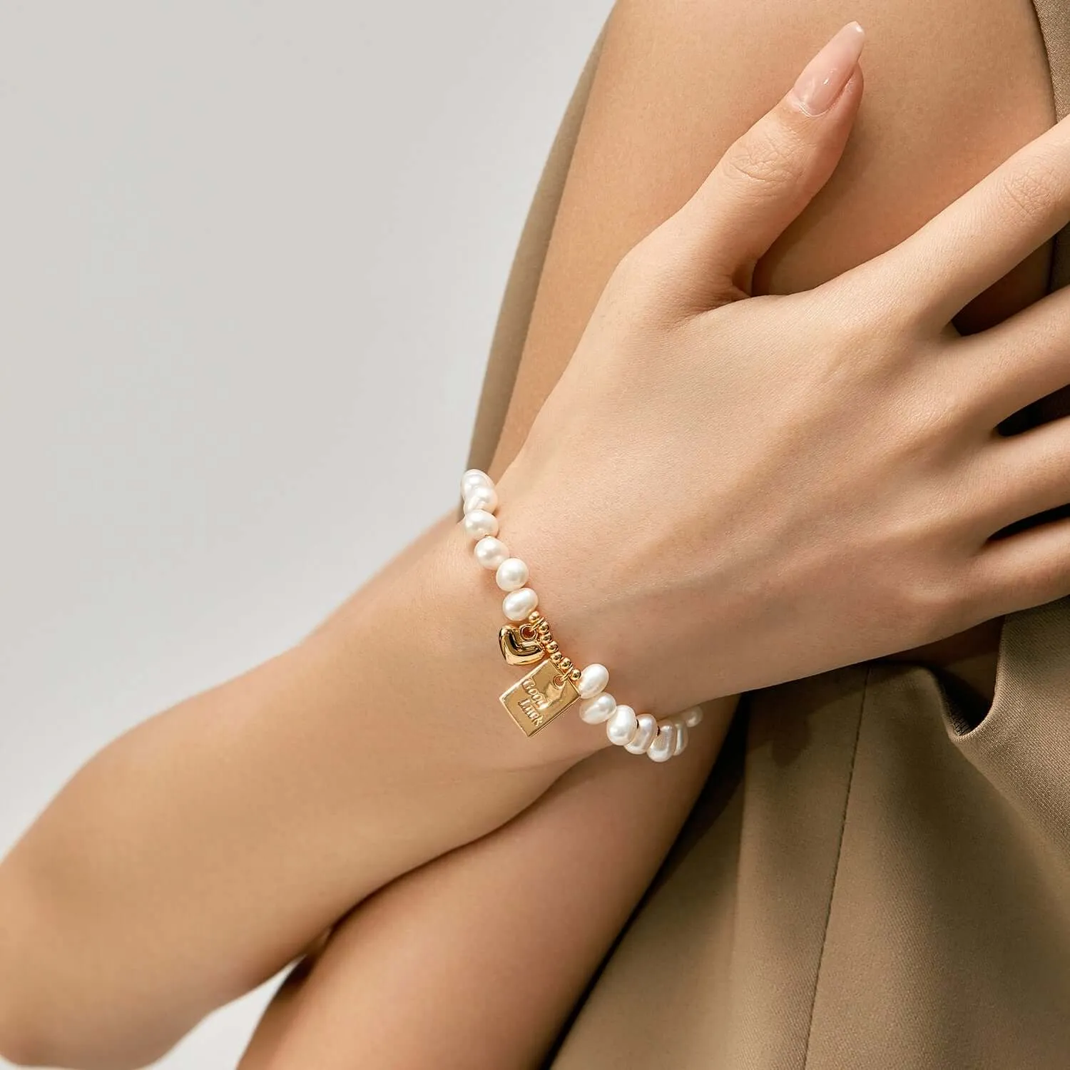 925 Silver Freshwater Pearl Lucky Plate Gold Love Bracelet