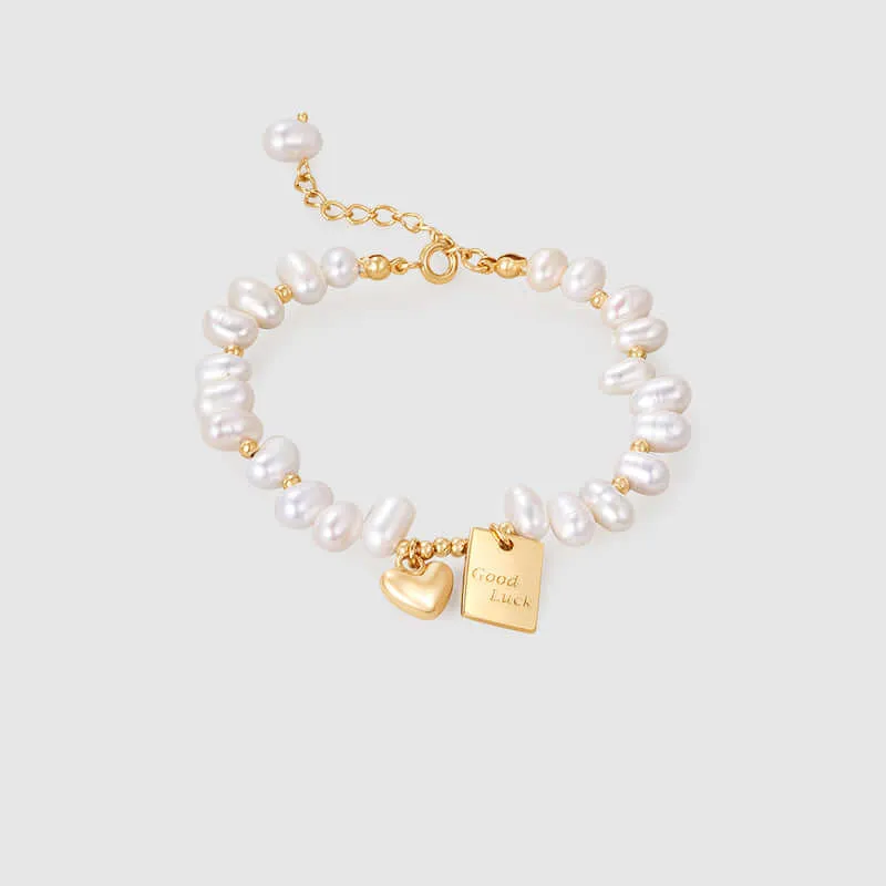 925 Silver Freshwater Pearl Lucky Plate Gold Love Bracelet