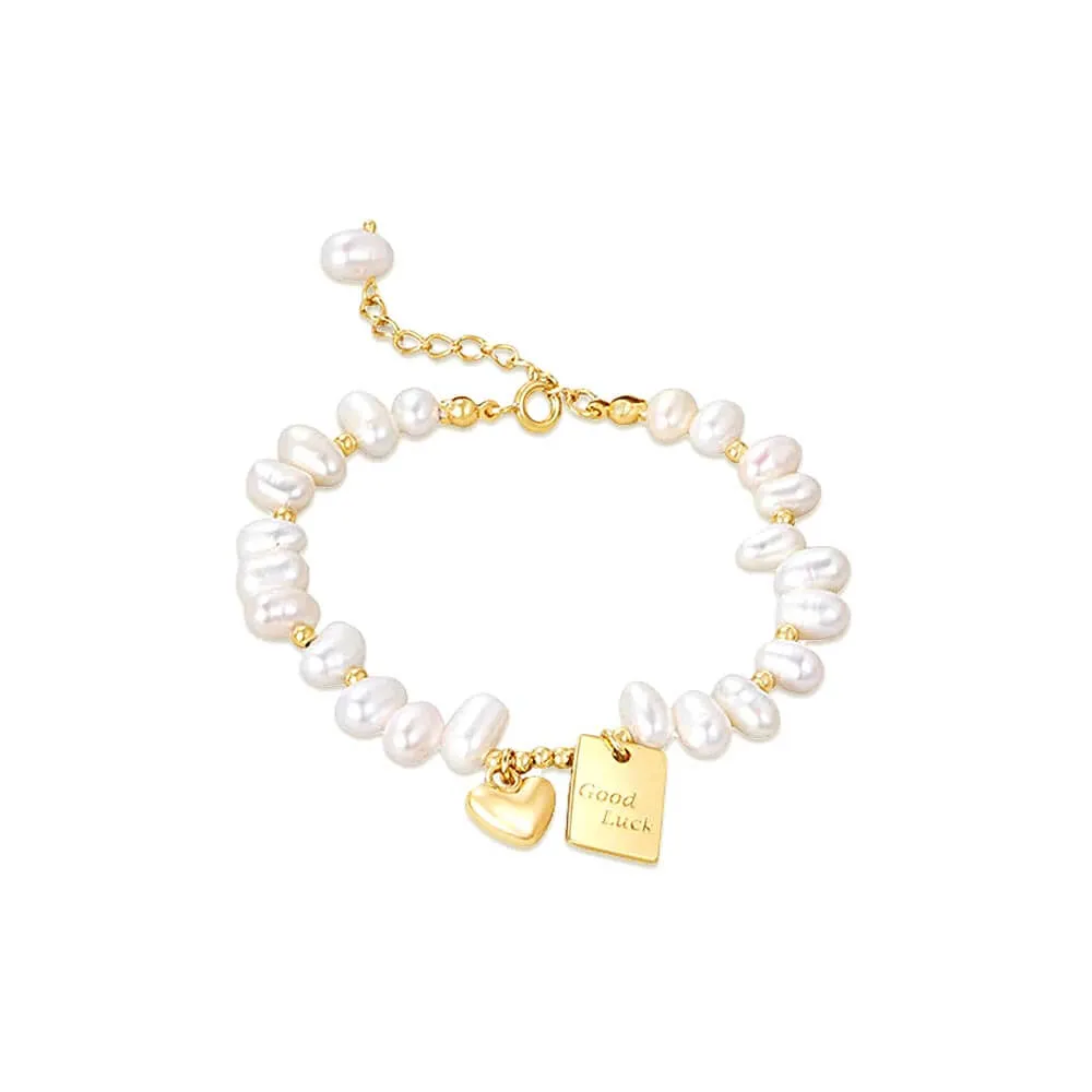 925 Silver Freshwater Pearl Lucky Plate Gold Love Bracelet